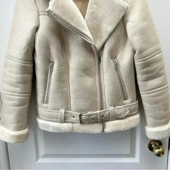 Topshop Cora Faux Shearling Moto Aviator Biker Jacket Cream Ecru Size 4 NWOT - Picture 6 of 16